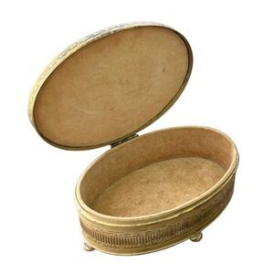 Vintage Apollo Brass & Guilloché Enamel Oval Trinket Box Footed Lined Interior
